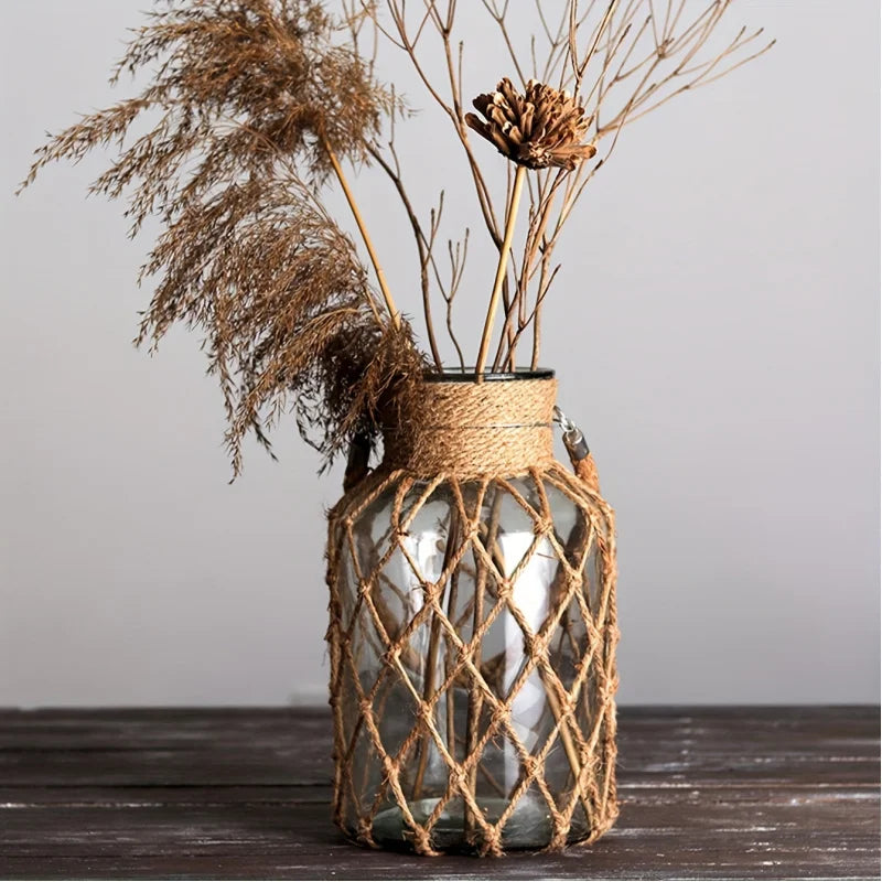 Serene Woven Rope Glass Vase – Rustic Natural Decor