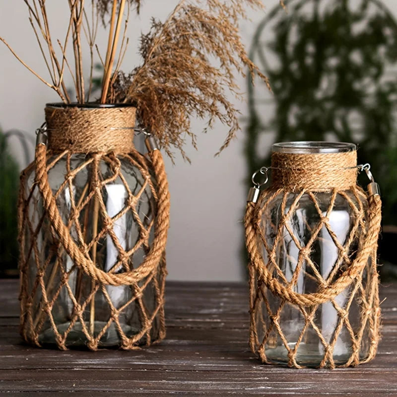 Serene Woven Rope Glass Vase – Rustic Natural Decor